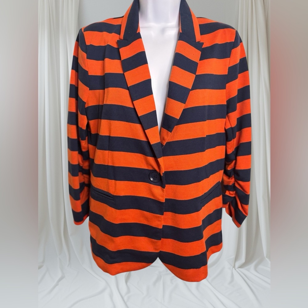 Olivia Moon Bold Striped 3/4 Sleeve Blazer in Orange and Navy Blue Size Small